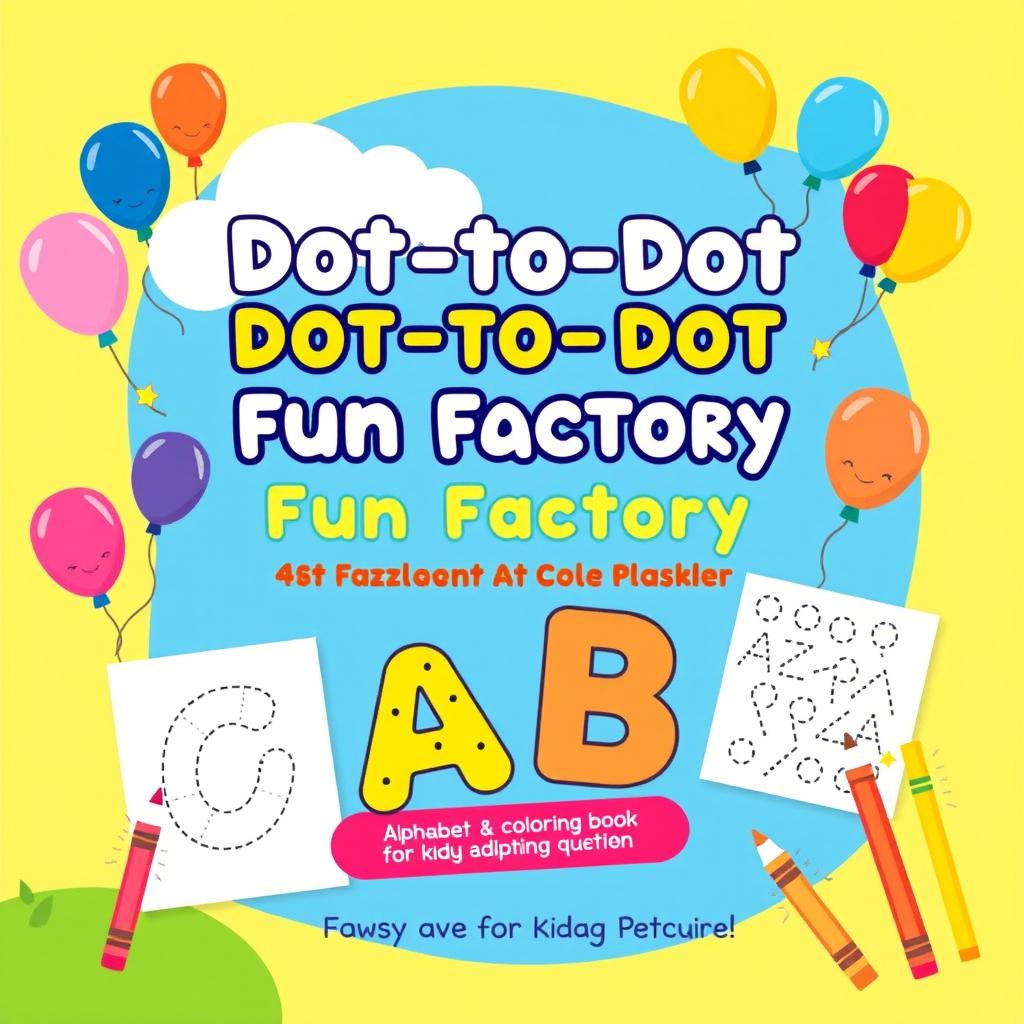 Design a cheerful and colorful activity and coloring book cover for 'Dot-to-Dot Fun Factory: Alphabet & Numbers Edition', specifically tailored for kids ages 2-6