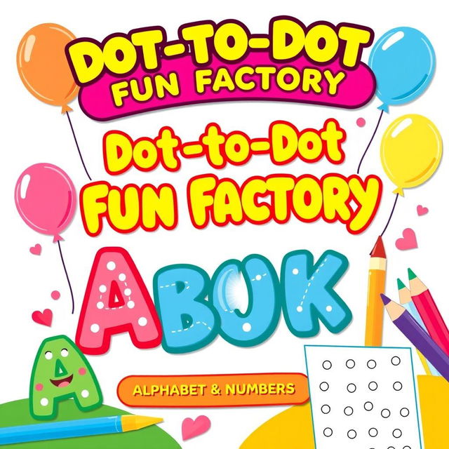 Design a cheerful and colorful activity and coloring book cover for 'Dot-to-Dot Fun Factory: Alphabet & Numbers Edition', specifically tailored for kids ages 2-6