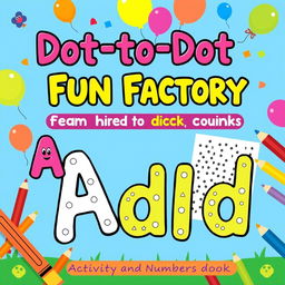 Design a cheerful and colorful activity and coloring book cover for 'Dot-to-Dot Fun Factory: Alphabet & Numbers Edition', specifically tailored for kids ages 2-6