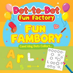 Design a cheerful and colorful activity and coloring book cover for 'Dot-to-Dot Fun Factory: Alphabet & Numbers Edition', specifically tailored for kids ages 2-6