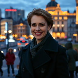 A beautiful Russian woman aged between 35 to 40 years captured in a full-length photo, featuring a stylish hairstyle and wearing an elegant coat