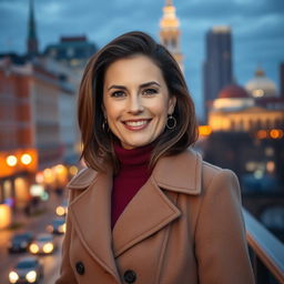 A beautiful Russian woman aged between 35 to 40 years captured in a full-length photo, featuring a stylish hairstyle and wearing an elegant coat
