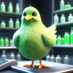 A 3D animated image depicting a giant chick with green eyes inside a dark laboratory