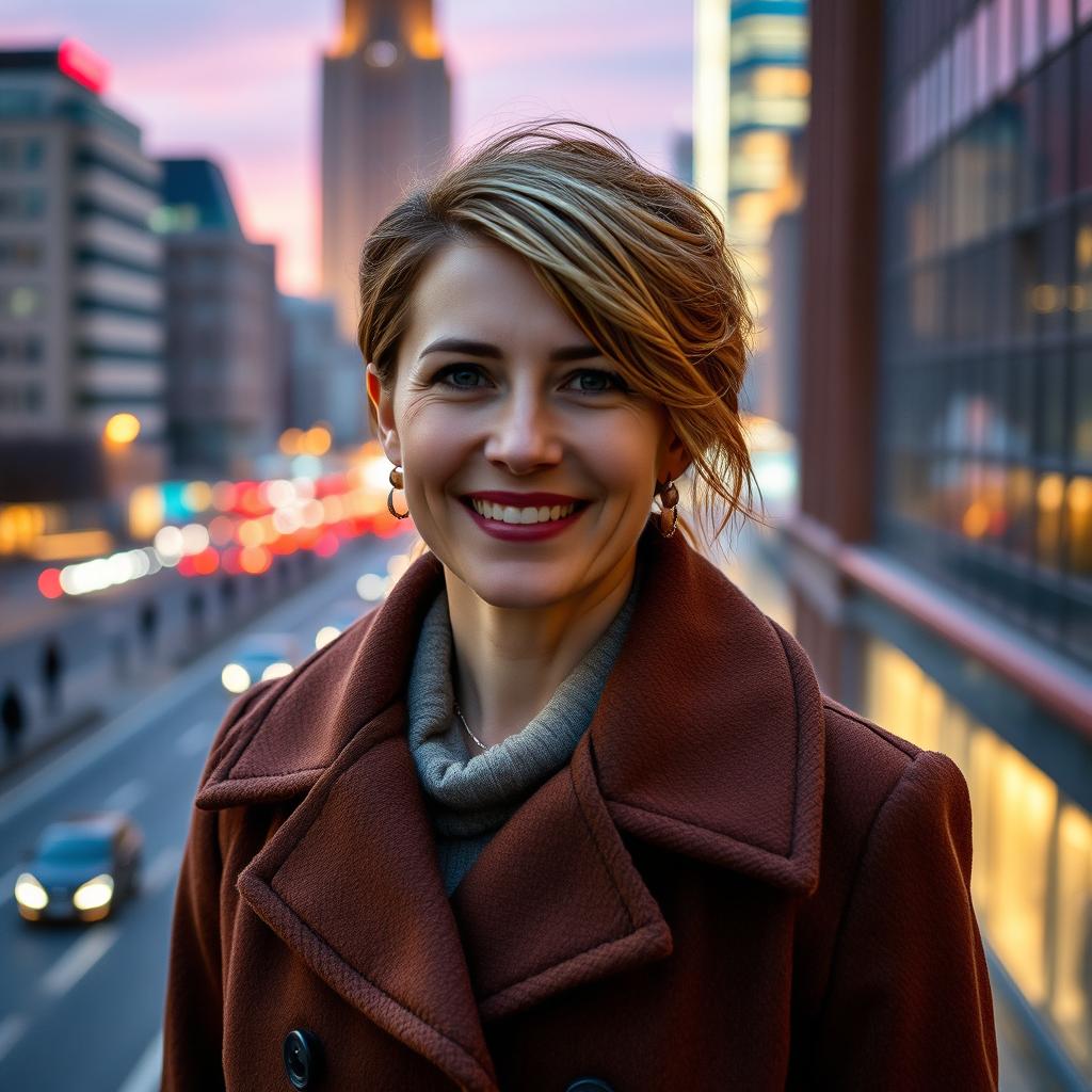 A beautiful Russian woman aged between 35 to 40 years captured in a full-length photo, featuring a stylish hairstyle and wearing an elegant coat