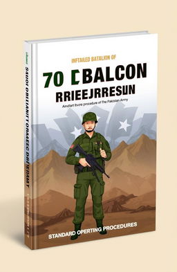 A detailed book cover design that focuses on the standard operating procedures of the infantry Battalion of the 70 Baloch Regiment of the Pakistan Army