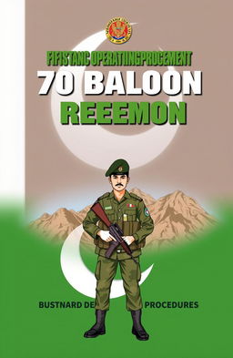 A detailed book cover design that focuses on the standard operating procedures of the infantry Battalion of the 70 Baloch Regiment of the Pakistan Army