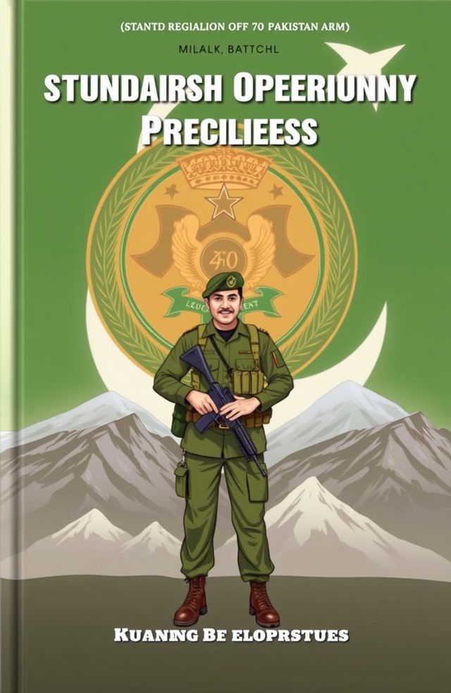 A detailed book cover design that focuses on the standard operating procedures of the infantry Battalion of the 70 Baloch Regiment of the Pakistan Army