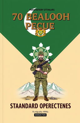 A detailed book cover design that focuses on the standard operating procedures of the infantry Battalion of the 70 Baloch Regiment of the Pakistan Army