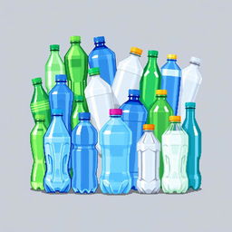 A detailed pixel art image featuring various recycled LDPE (Low-Density Polyethylene) plastic bottles
