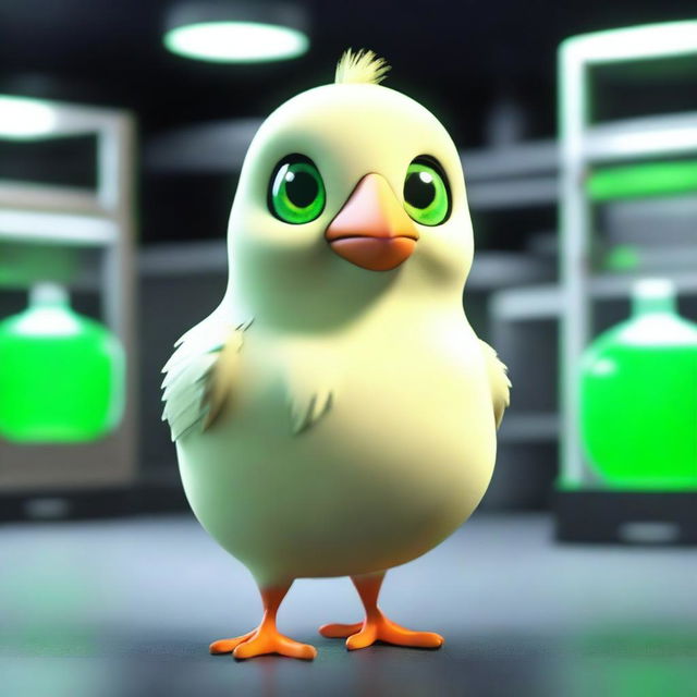 A 3D animated image depicting a giant chick with green eyes inside a dark laboratory