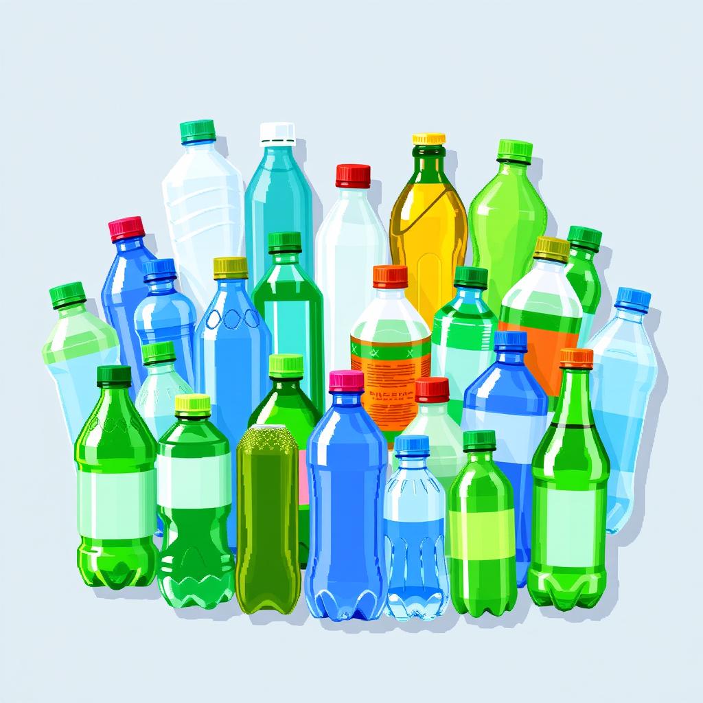 A detailed pixel art image featuring various recycled LDPE (Low-Density Polyethylene) plastic bottles