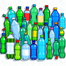 A detailed pixel art image featuring various recycled LDPE (Low-Density Polyethylene) plastic bottles