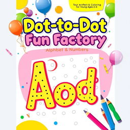 Design a cheerful and colorful activity and coloring book cover for 'Dot-to-Dot Fun Factory: Alphabet & Numbers Edition', specifically tailored for kids ages 2-6
