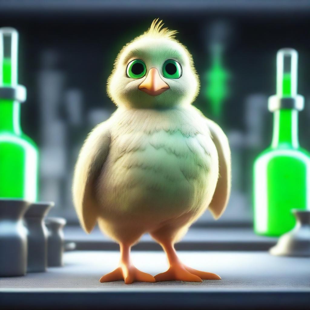 A 3D animated image depicting a giant chick with green eyes causing havoc in a dark laboratory