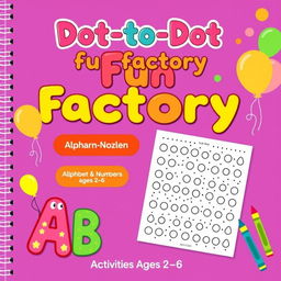 Design a cheerful and colorful activity and coloring book cover for 'Dot-to-Dot Fun Factory: Alphabet & Numbers Edition', specifically tailored for kids ages 2-6