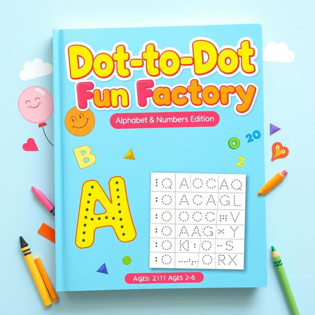 Design a cheerful and colorful activity and coloring book cover for 'Dot-to-Dot Fun Factory: Alphabet & Numbers Edition', specifically tailored for kids ages 2-6