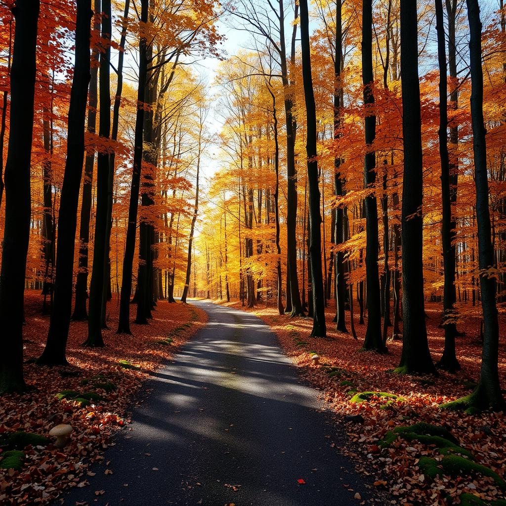 A serene Dutch forest path during autumn, showcasing vibrant fall foliage in hues of orange, yellow, and red