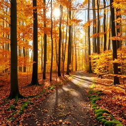 A serene Dutch forest path during autumn, showcasing vibrant fall foliage in hues of orange, yellow, and red