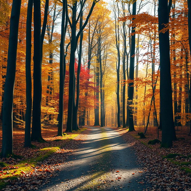 A serene Dutch forest path during autumn, showcasing vibrant fall foliage in hues of orange, yellow, and red