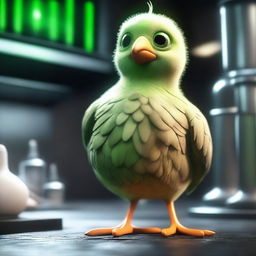 A 3D animated image depicting a giant chick with green eyes causing havoc in a dark laboratory