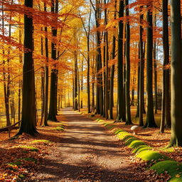 A serene Dutch forest path during autumn, showcasing vibrant fall foliage in hues of orange, yellow, and red