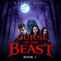 The cover of 'The Curse of the Beast: Book 1' presents a dark, misty forest at twilight, where towering trees rise into a hazy sky illuminated by a haunting full moon casting an eerie glow