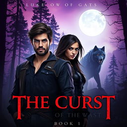 The cover of 'The Curse of the Beast: Book 1' presents a dark, misty forest at twilight, where towering trees rise into a hazy sky illuminated by a haunting full moon casting an eerie glow