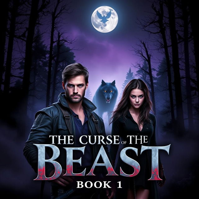 The cover of 'The Curse of the Beast: Book 1' presents a dark, misty forest at twilight, where towering trees rise into a hazy sky illuminated by a haunting full moon casting an eerie glow