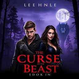 The cover of 'The Curse of the Beast: Book 1' presents a dark, misty forest at twilight, where towering trees rise into a hazy sky illuminated by a haunting full moon casting an eerie glow