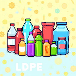 A pixel art representation of low-density polyethylene (LDPE) items, featuring a variety of containers such as flexible bottles and bags made from LDPE