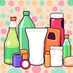 A pixel art representation of low-density polyethylene (LDPE) items, featuring a variety of containers such as flexible bottles and bags made from LDPE