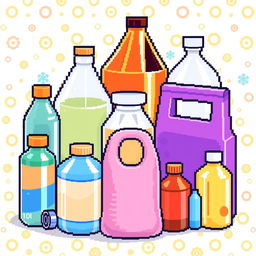 A pixel art representation of low-density polyethylene (LDPE) items, featuring a variety of containers such as flexible bottles and bags made from LDPE