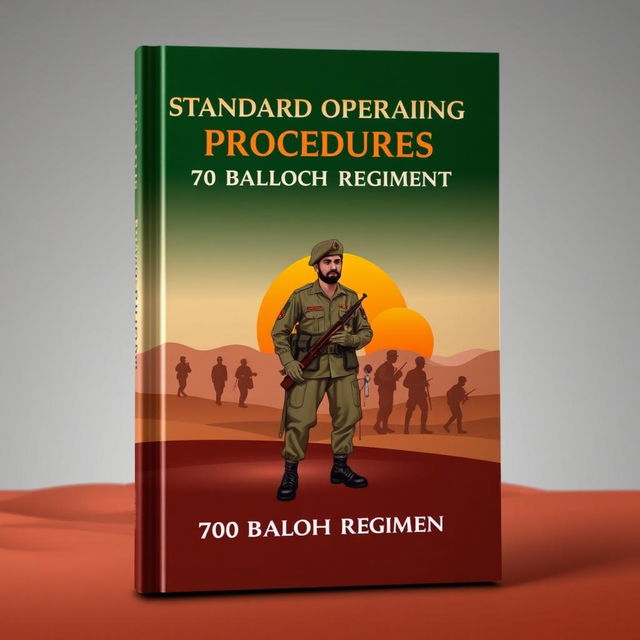 An authoritative and striking book cover design for a military manual, focused on the standard operating procedures of an infantry battalion from the 70 Baloch Regiment of the Pakistan Army