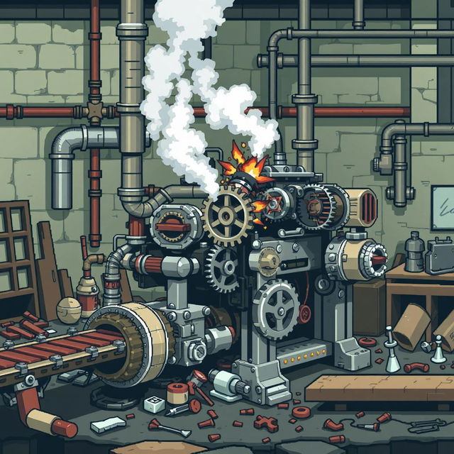 A pixel art depiction of a broken factory machine, showcasing its intricate details in a stylized retro graphics format