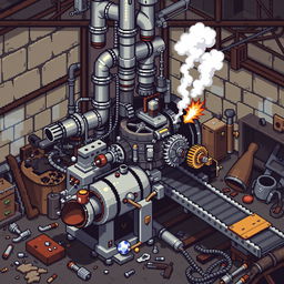 A pixel art depiction of a broken factory machine, showcasing its intricate details in a stylized retro graphics format