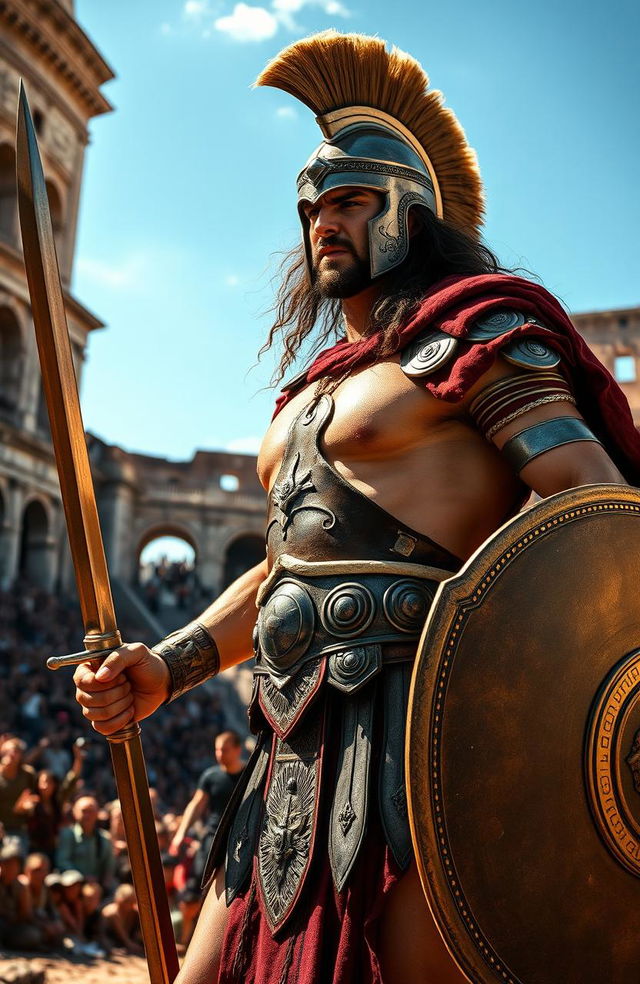 A fierce gladiator in the Roman Colosseum, wearing a traditional armor set with intricate designs, holding a shining sword in one hand and a shield in the other