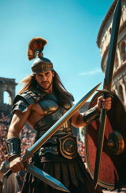 A fierce gladiator in the Roman Colosseum, wearing a traditional armor set with intricate designs, holding a shining sword in one hand and a shield in the other