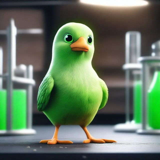 A 3D animated image depicting a giant chick with green eyes causing havoc in a dark laboratory