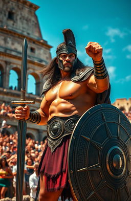 A fierce gladiator in the Roman Colosseum, wearing a traditional armor set with intricate designs, holding a shining sword in one hand and a shield in the other