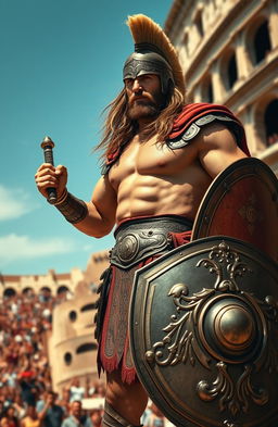 A fierce gladiator in the Roman Colosseum, wearing a traditional armor set with intricate designs, holding a shining sword in one hand and a shield in the other