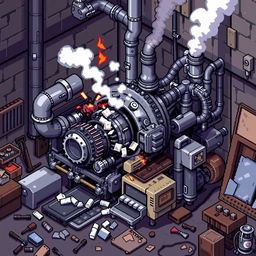 A pixel art depiction of a broken factory machine, showcasing its intricate details in a stylized retro graphics format