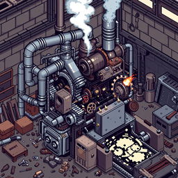 A pixel art depiction of a broken factory machine, showcasing its intricate details in a stylized retro graphics format