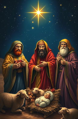 A historical and artistic depiction of the Three Wise Men, standing majestically under a star-filled night sky, with the Star of Bethlehem shining brightly above