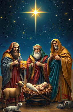 A historical and artistic depiction of the Three Wise Men, standing majestically under a star-filled night sky, with the Star of Bethlehem shining brightly above