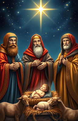 A historical and artistic depiction of the Three Wise Men, standing majestically under a star-filled night sky, with the Star of Bethlehem shining brightly above