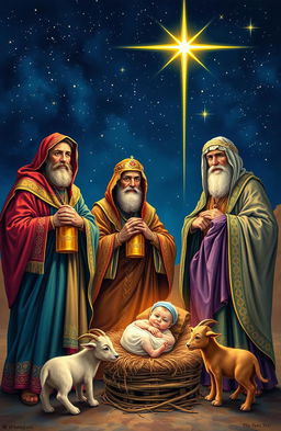 A historical and artistic depiction of the Three Wise Men, standing majestically under a star-filled night sky, with the Star of Bethlehem shining brightly above