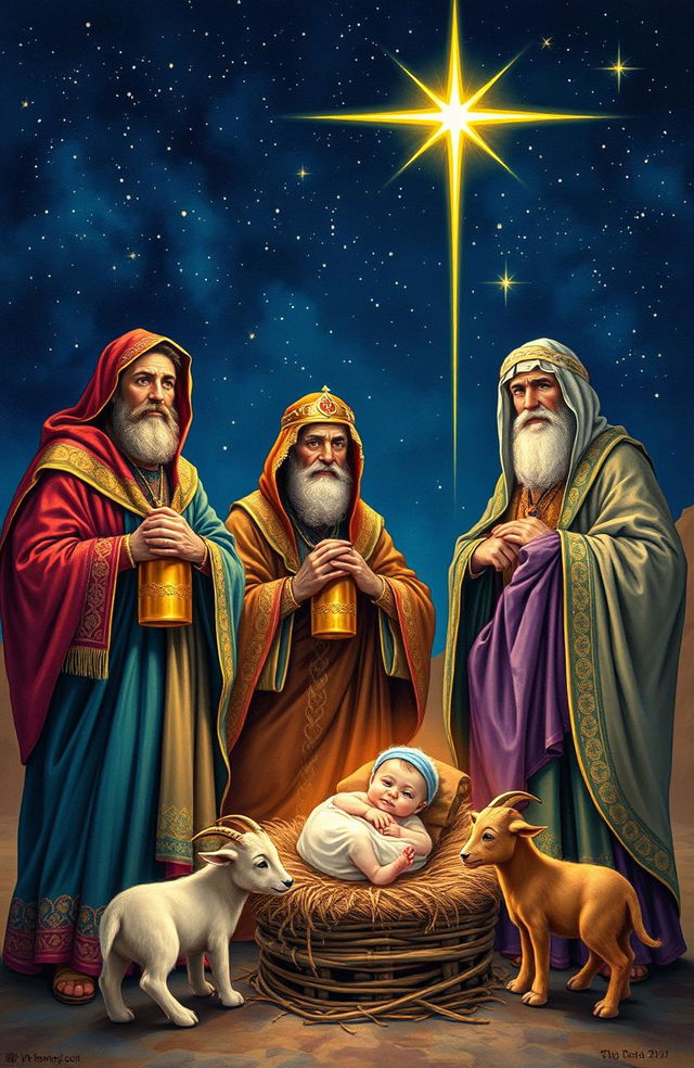 A historical and artistic depiction of the Three Wise Men, standing majestically under a star-filled night sky, with the Star of Bethlehem shining brightly above