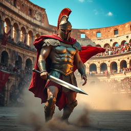 A fierce gladiator stands in the center of an ancient Roman colosseum, his muscular build evident under the sun
