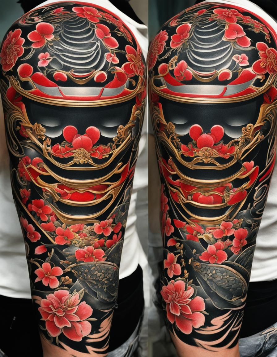 A neo-Japanese tattoo style digital art image featuring a detailed and vibrant depiction of a samurai helmet, or kabuto, with stylized red and black armor plates and a prominent floral crest