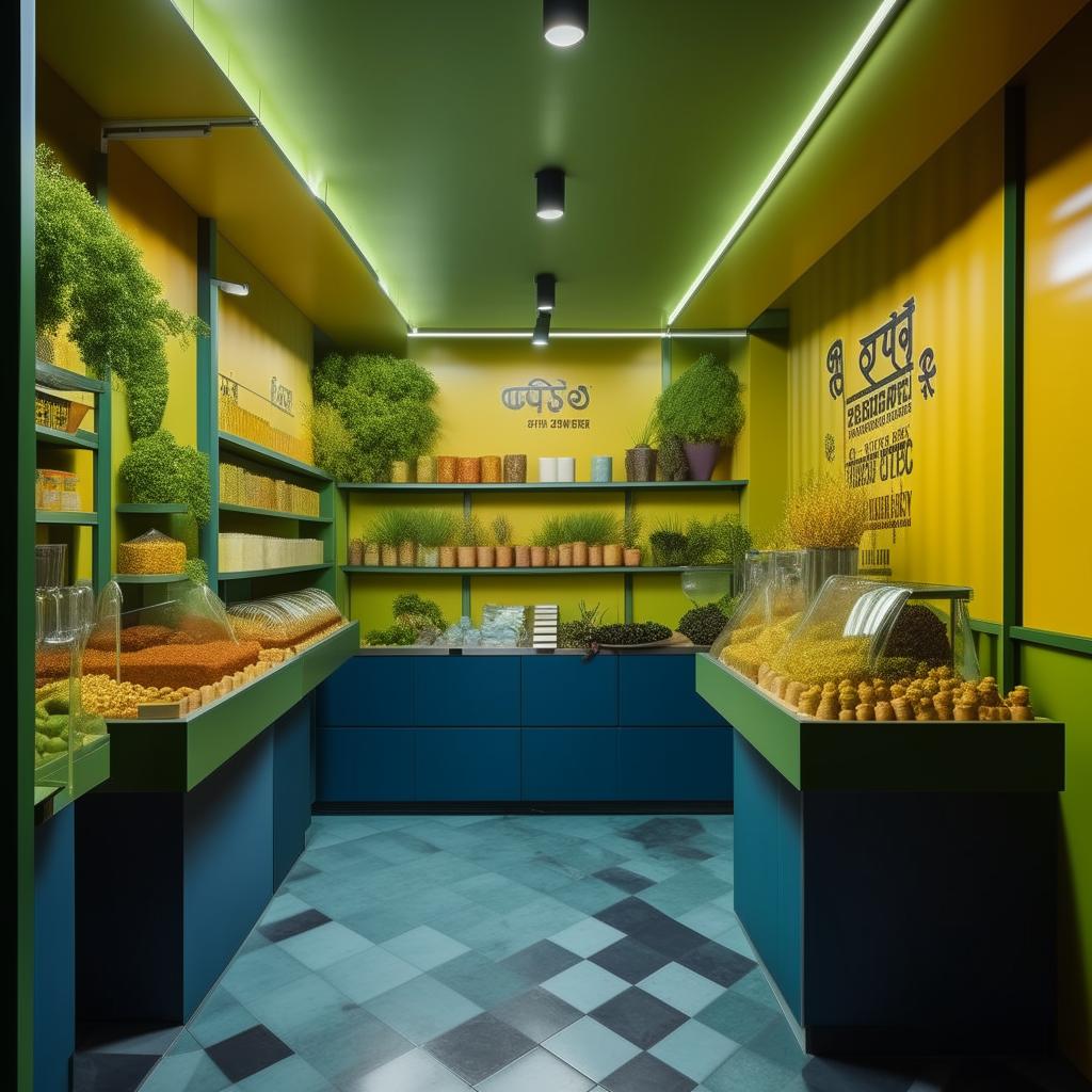 A 20x20 small shop designed for selling Idli chutney, encapsulating an organic food theme with a hint of green, balanced with shades of blue and yellow. The tables are dark to hide stains